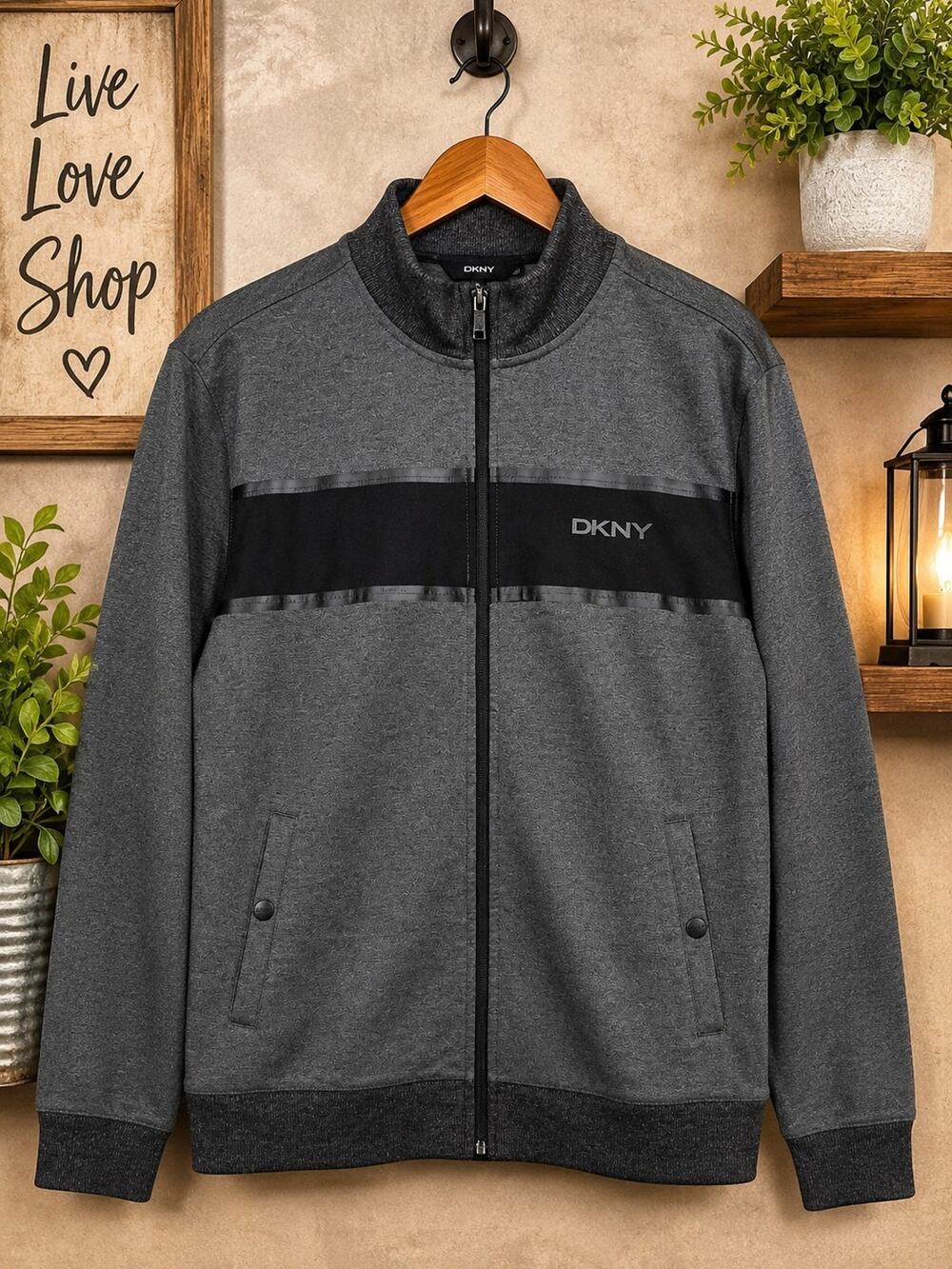 DKNY Men’s Large Gray Black Full Zip Track Jacket Mock Neck